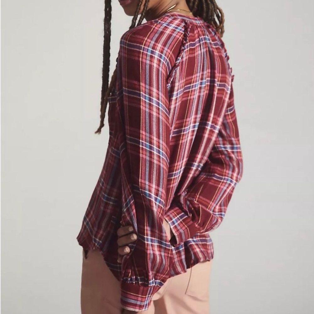 Pilcro Anthropologie Women Breezy Plaid Button Down Shirt XS Maroon Long Sleeve - Picture 3 of 10